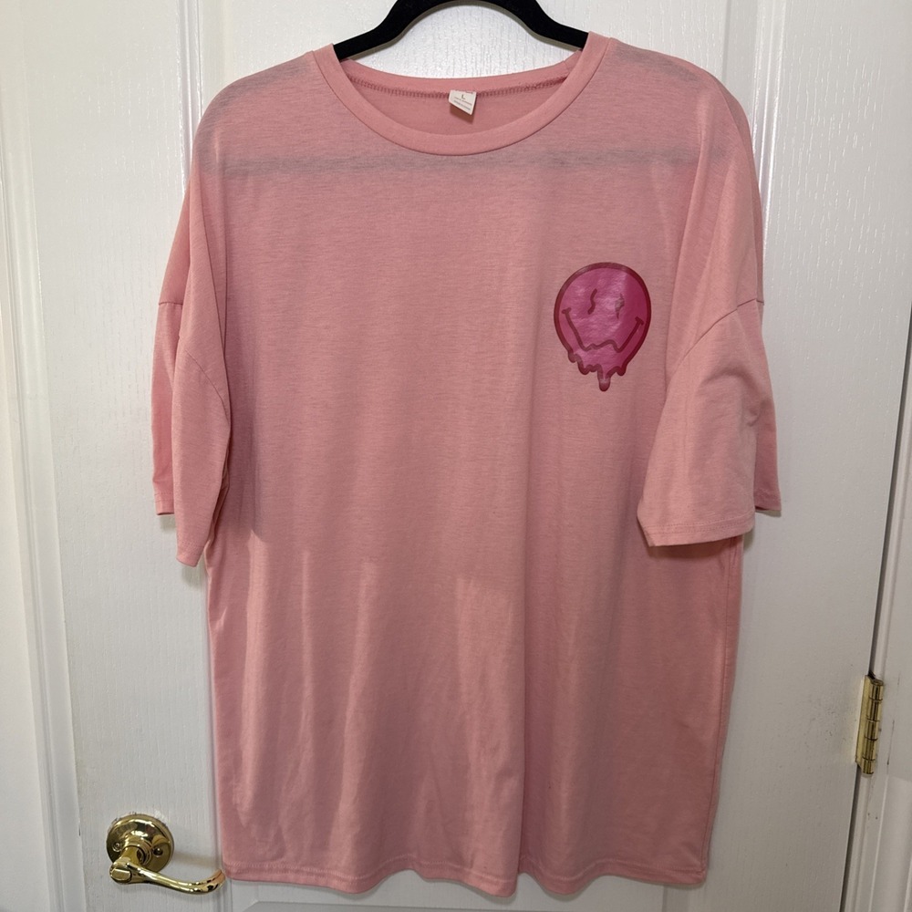 Rumwe Women L Pink Graphic Tee Enjoy The Little Things Smiley Face Top